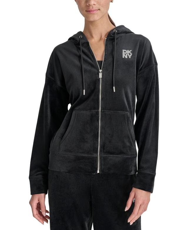 Dkny Womens Velour Rhinestone-Logo Zip-Front Hoodie Product Image