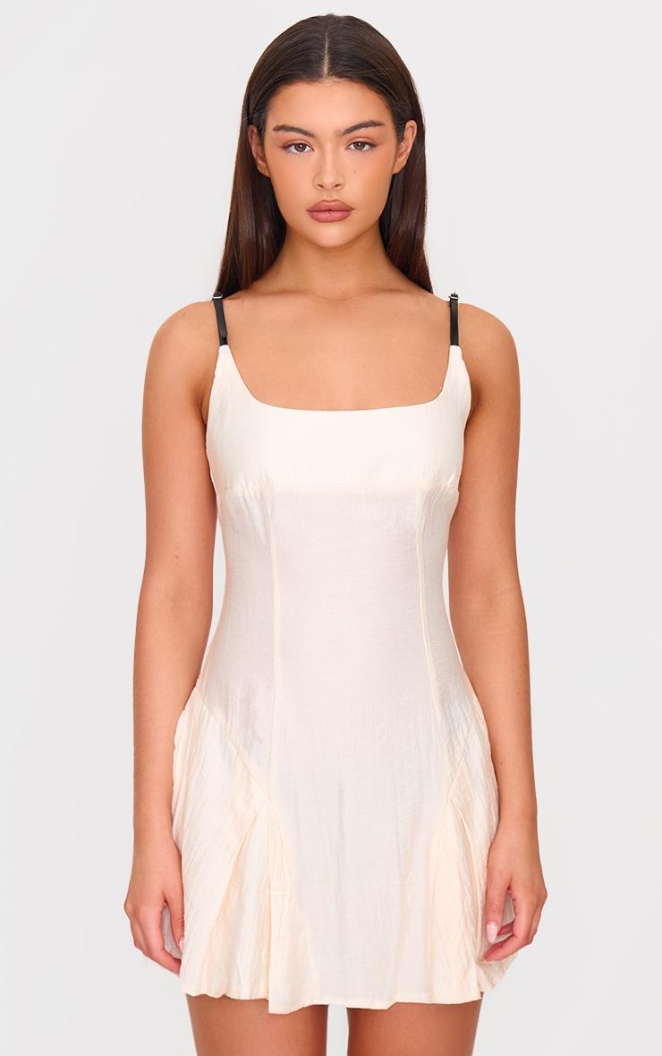 Cream Textured Woven Buckle Detail Shift Dress Product Image