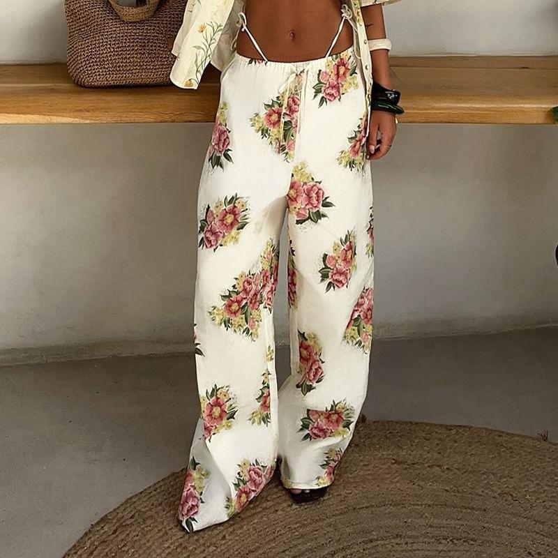 Low Waist Flower Print Straight-Fit Wide-Leg Pants Product Image