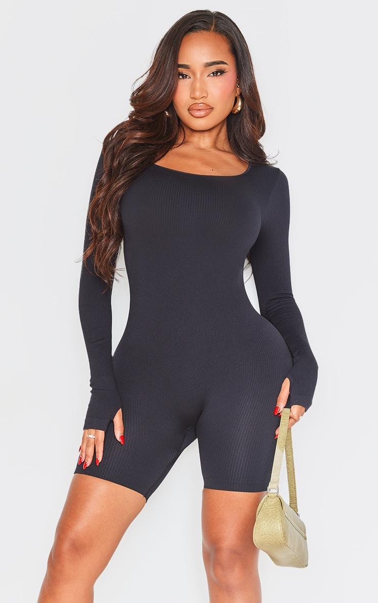 Shape Black Snatched Ribbed Long Sleeve Unitard Product Image