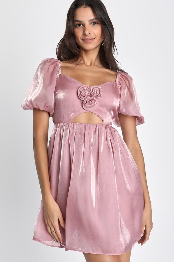 Sweet Delight Shiny Pink Organza Rosette Mini Dress Product Image