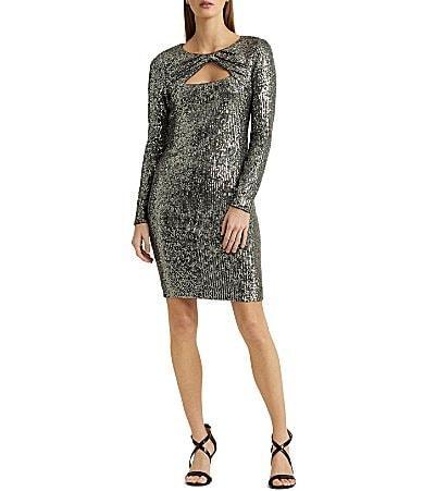 Lauren Ralph Lauren Sequin Twist Front Keyhole Long Sleeve Dress Product Image