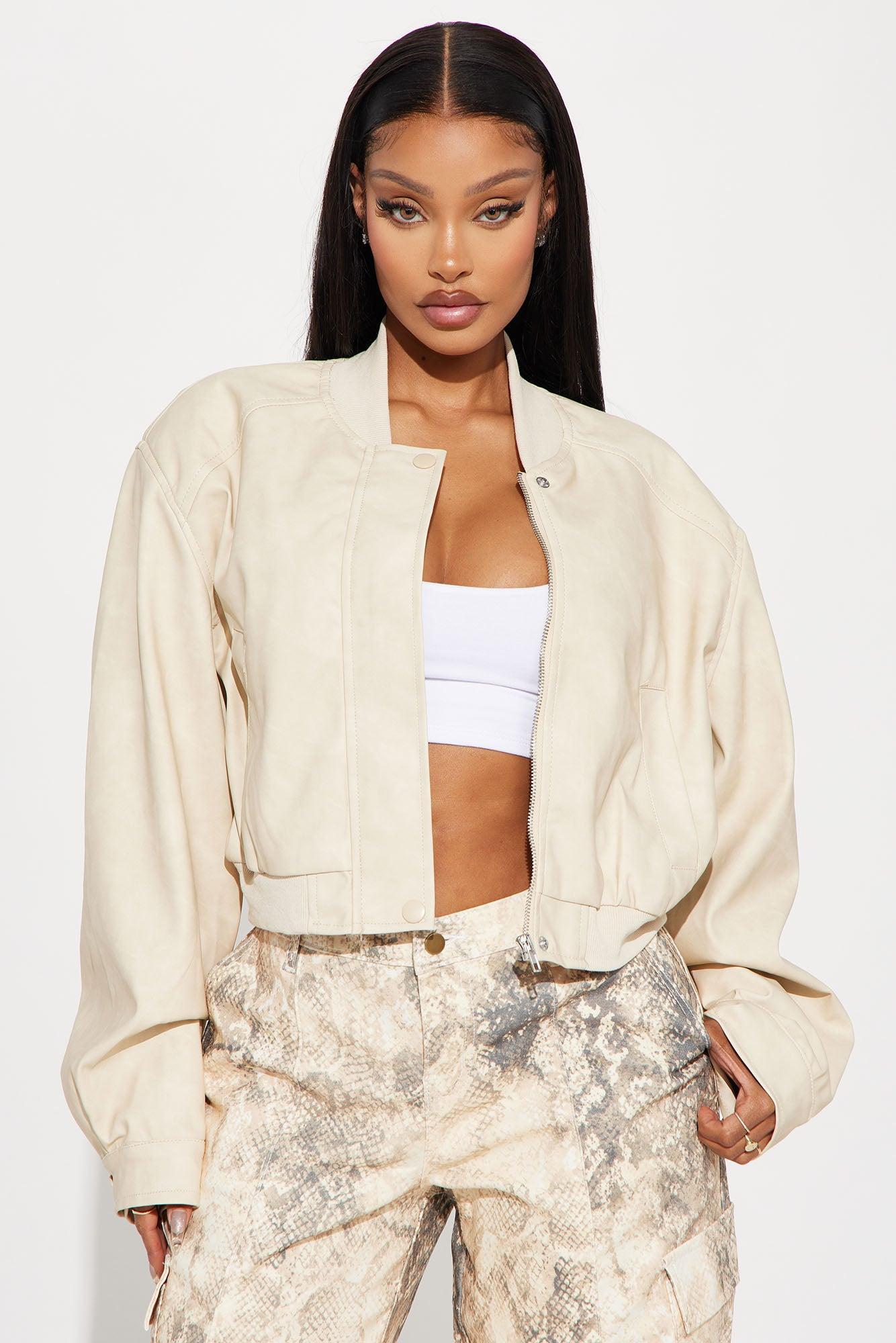 Olivia Grace Faux Leather Bomber Jacket - Beige Product Image