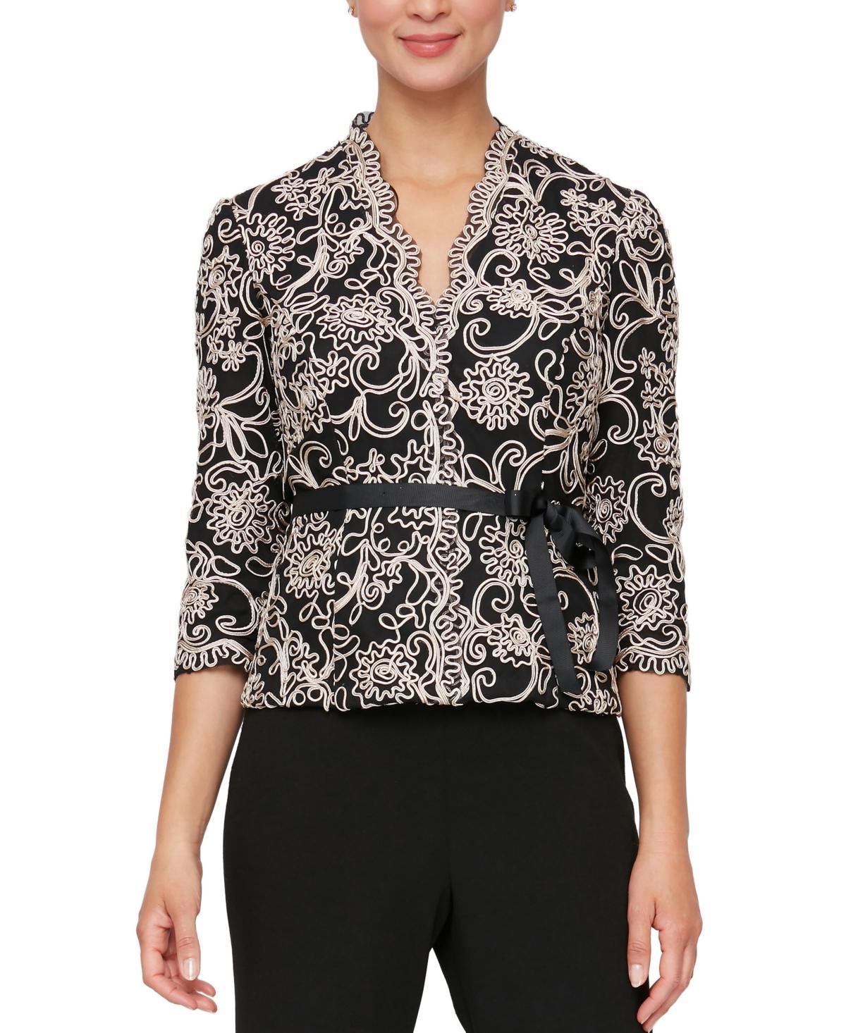 Alex Evenings V-Neck 34 Sleeve Scalloped Floral Lace Lined Embroidered Top Product Image