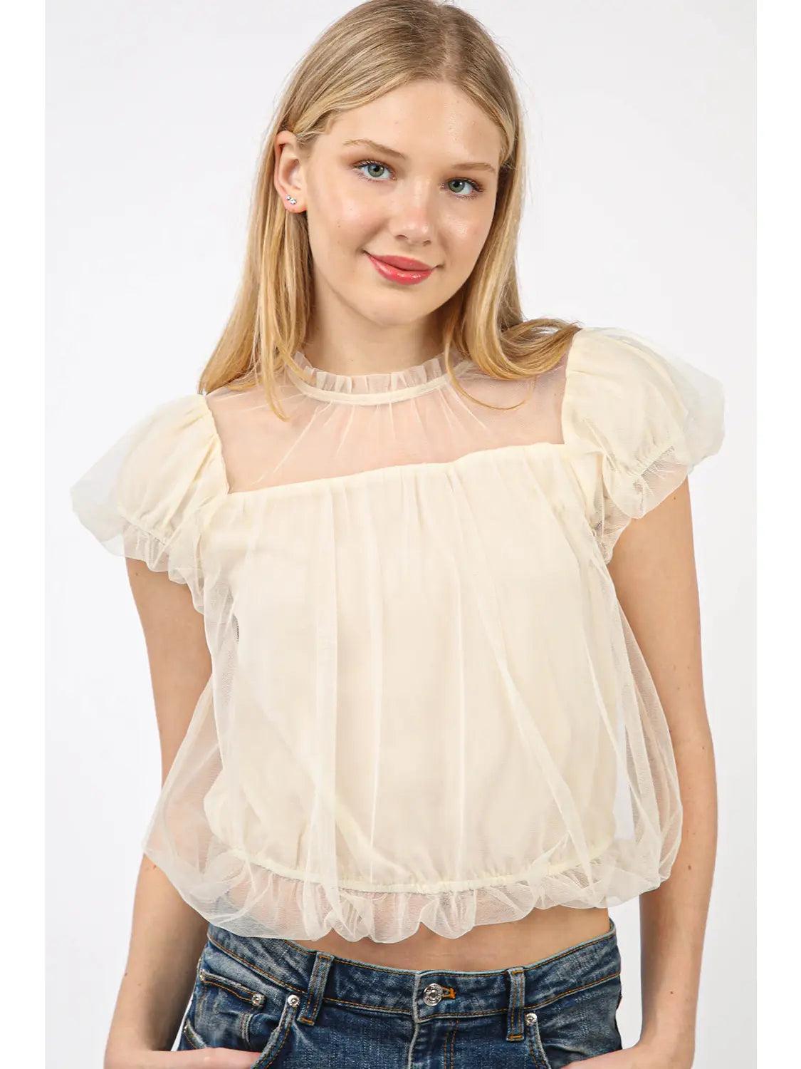 Puff Sleeve Mesh Sheer Balletcore Blouse Top Female Product Image