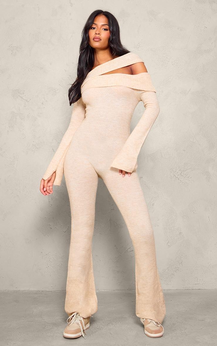 Tall Oatmeal Soft Knit Bardot Foldover Asymmetric Neck Jumpsuit Product Image