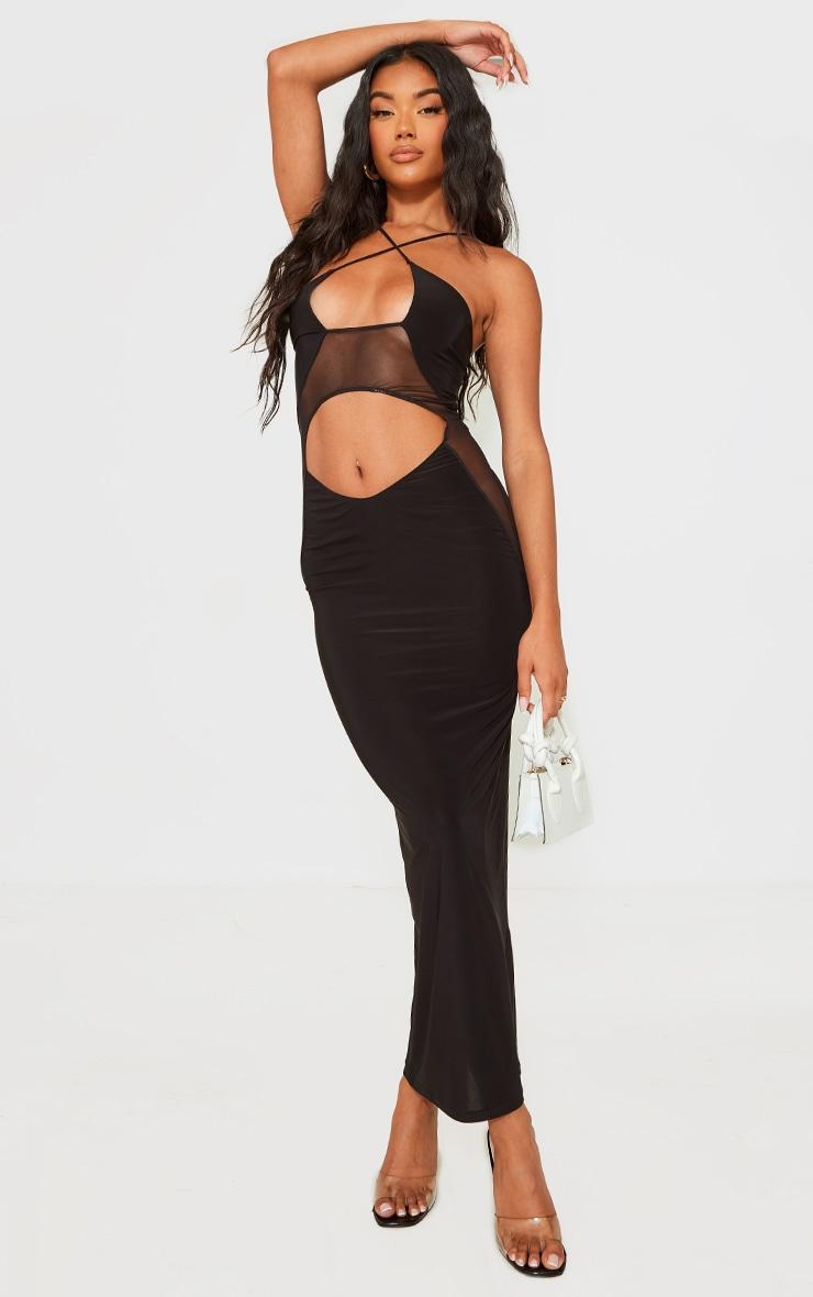 Black Slinky Cut Out Mesh Cup Halter Detail Maxi Dress Product Image