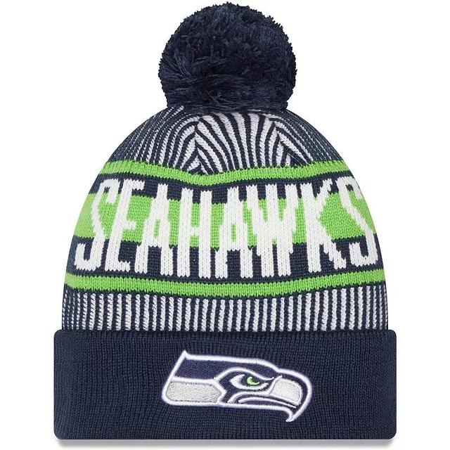 Mens New Era College Seattle Seahawks Striped Cuffed Knit Hat with Pom, Blue Product Image