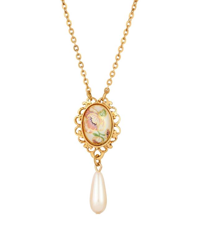 1928 Gold Tone Flower Decal Oval Drop Necklace, Womens, Multi Product Image