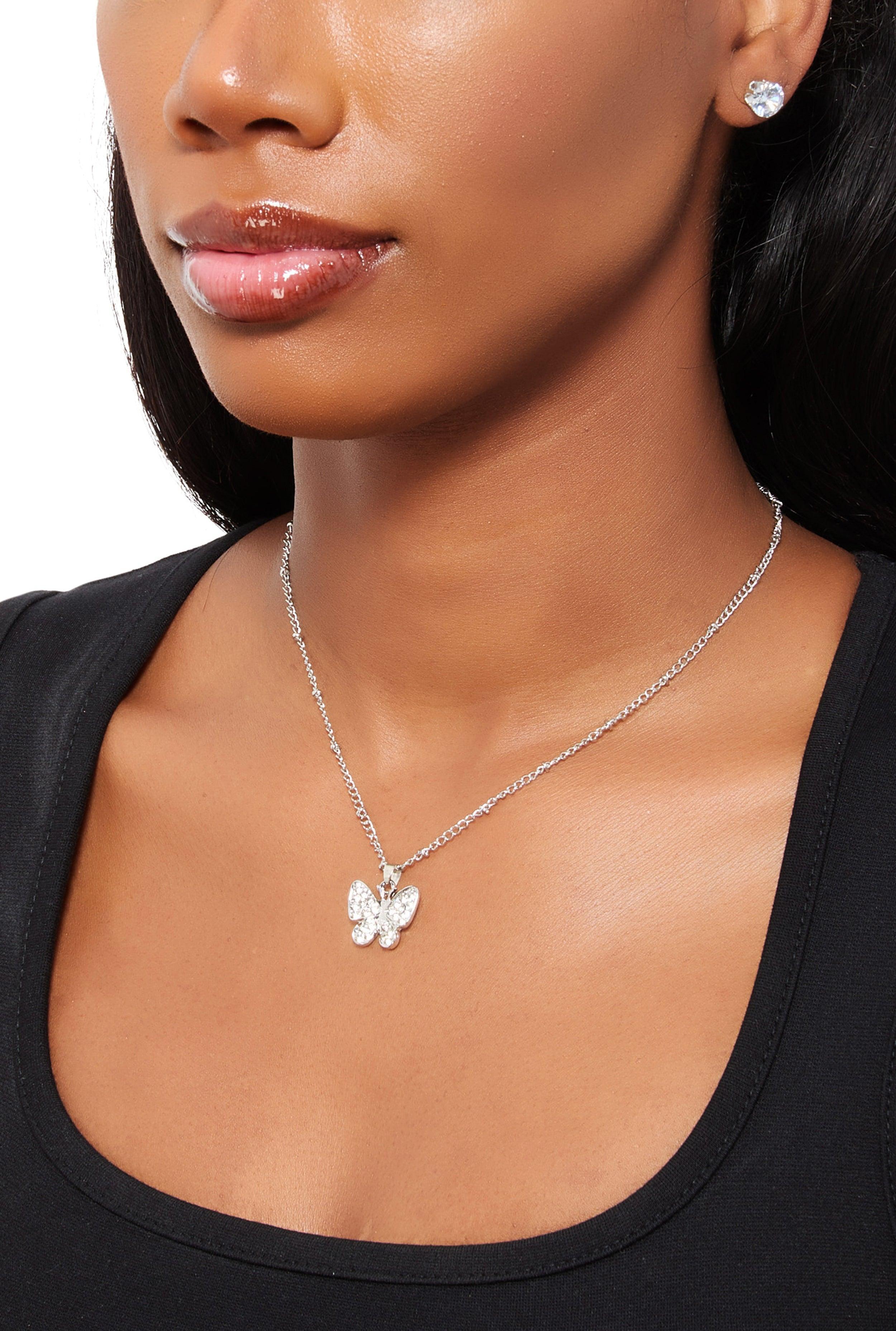 Cubic Zirconia Butterfly Charm Necklace with Stud Earrings Female Product Image