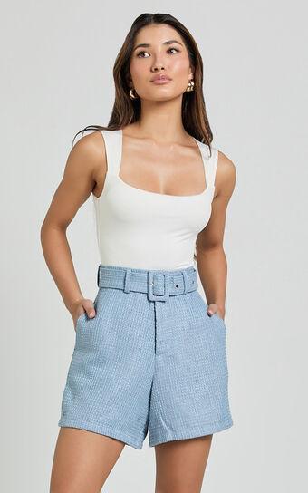 Delilah Shorts - High Waist Belted A Line Tweed Shorts in Blue Product Image