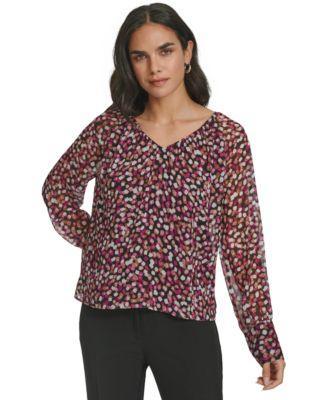 Calvin Klein Womens Long-Sleeve Printed V-Neck Blouse Product Image