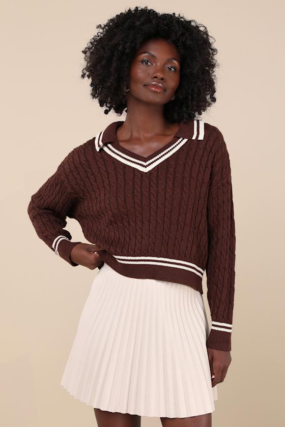 Posh Expert Brown Cable Knit Pullover Varsity Sweater Product Image