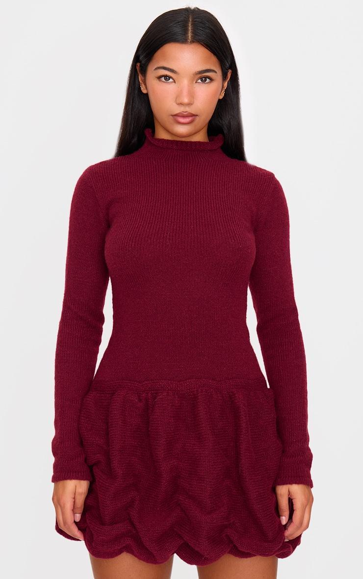 Burgundy High Neck Knitted Puffball Mini Dress product image