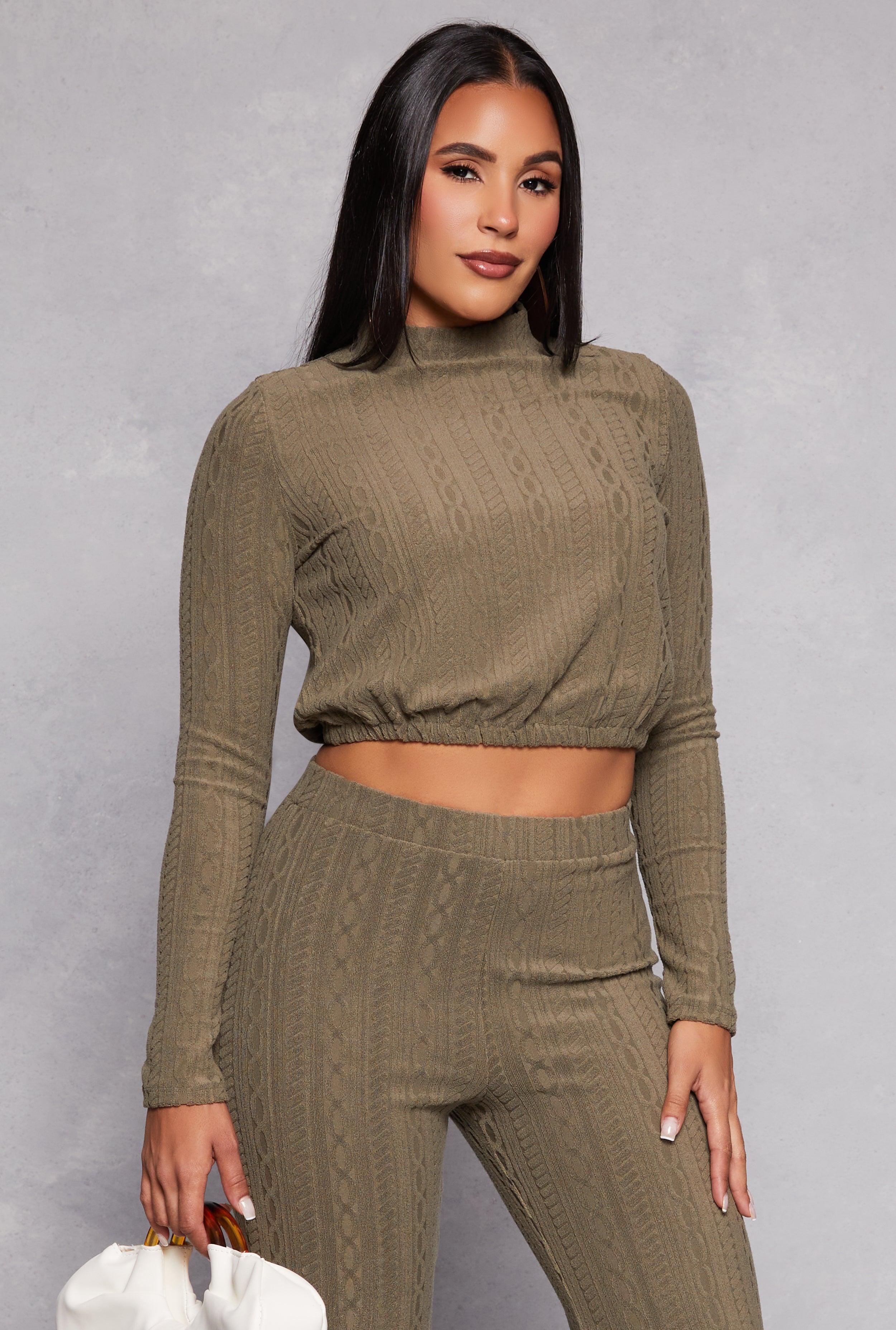 Womens Cable Knit Long Sleeve Crop Top Product Image