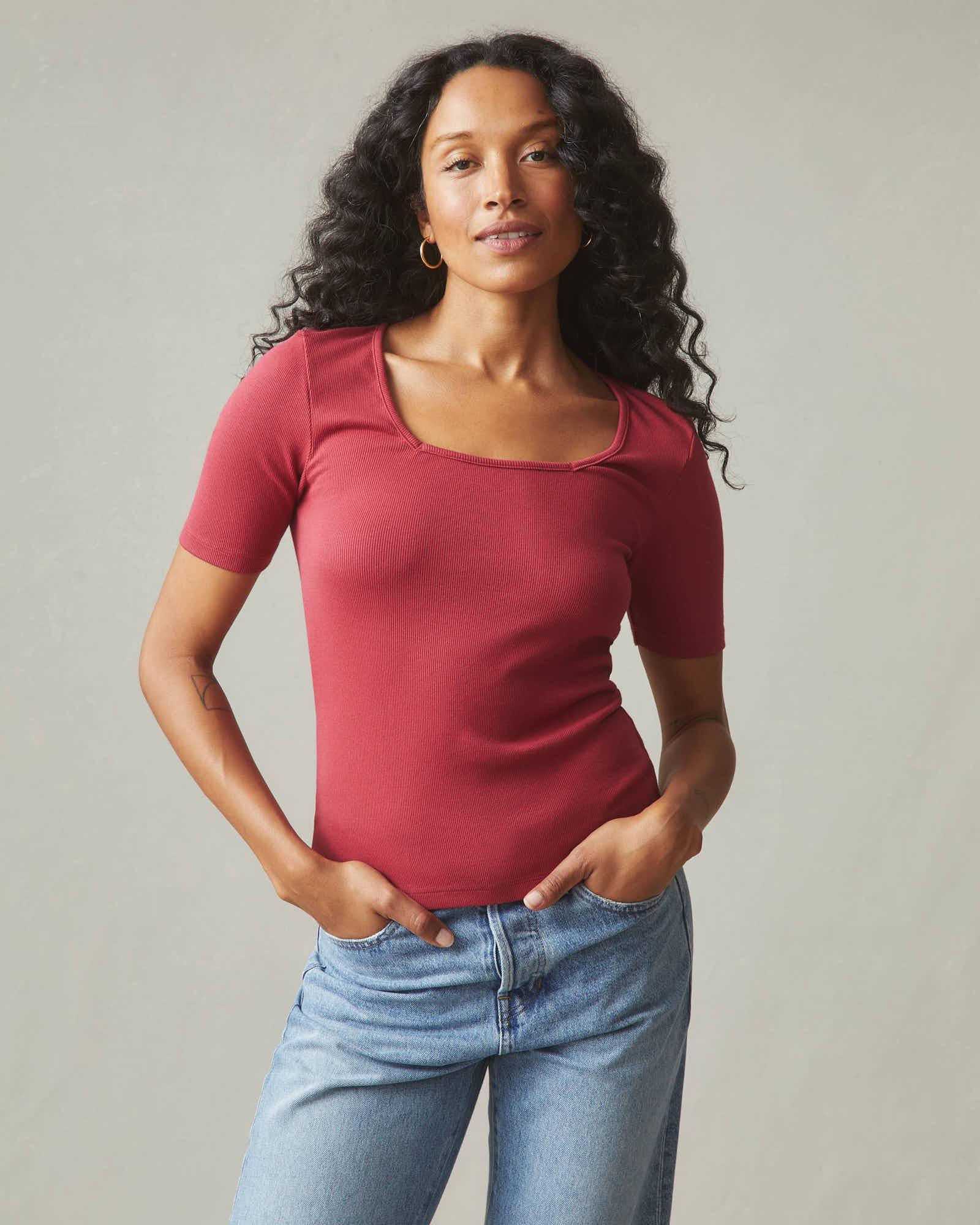 Stretch Rib Square Neck Tee - Poppy Female Product Image