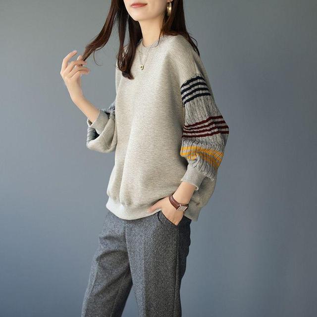 Round Neck Striped Panel Cable Knit Pullover Product Image