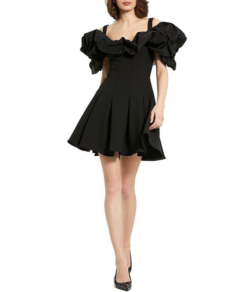 Mac Duggal Crepe Off-the-Shoulder Short Ruffle Sleeve Godet A-Line Dress Product Image