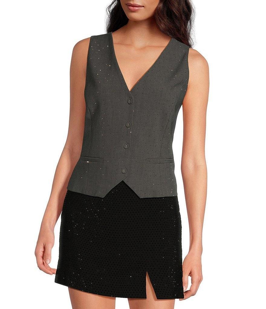 Skies Are Blue Rhinestone V-Neck Sleeveless Button Front Vest Product Image