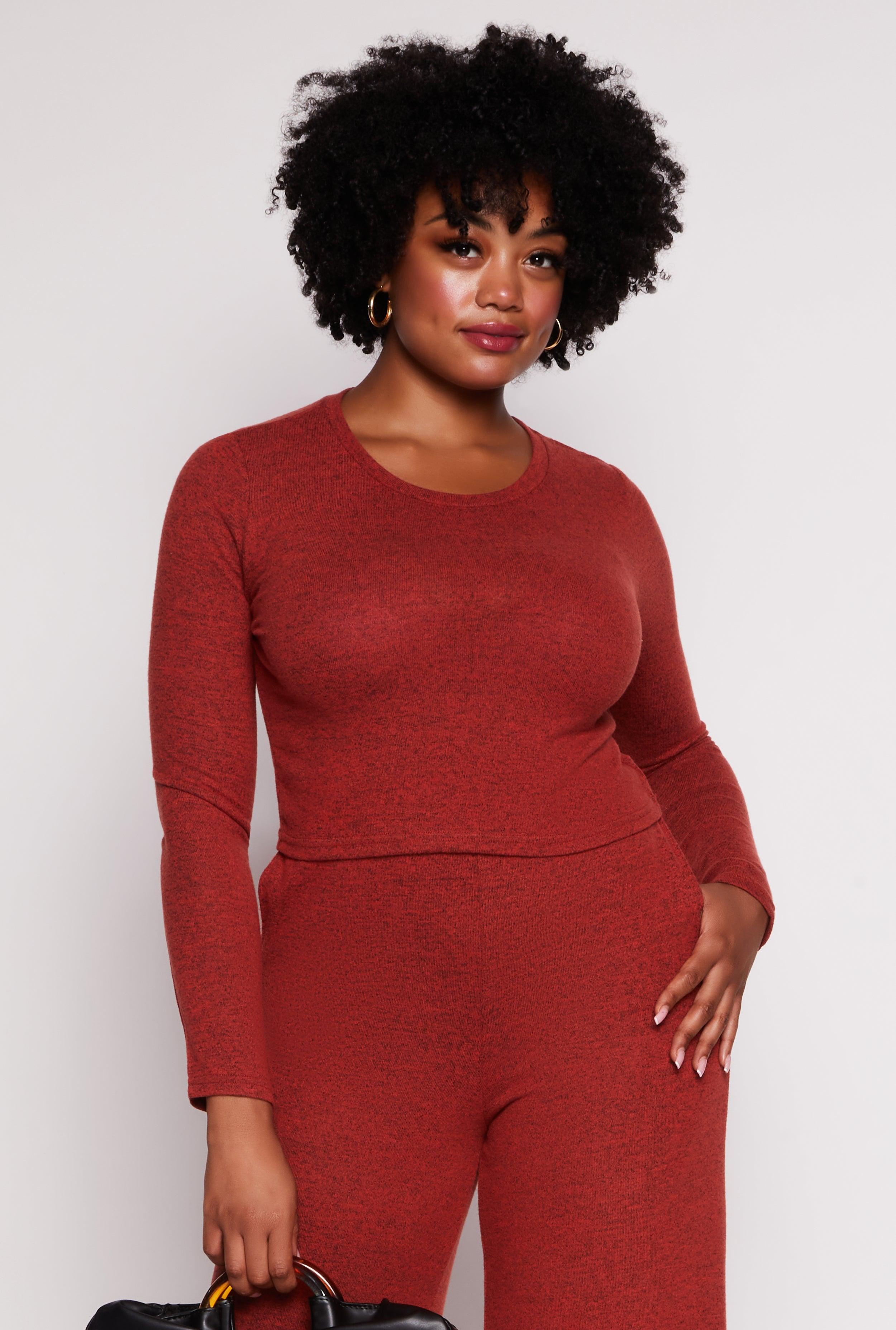 Womens Plus Size Brushed Knit Long Sleeve Crop Top Product Image