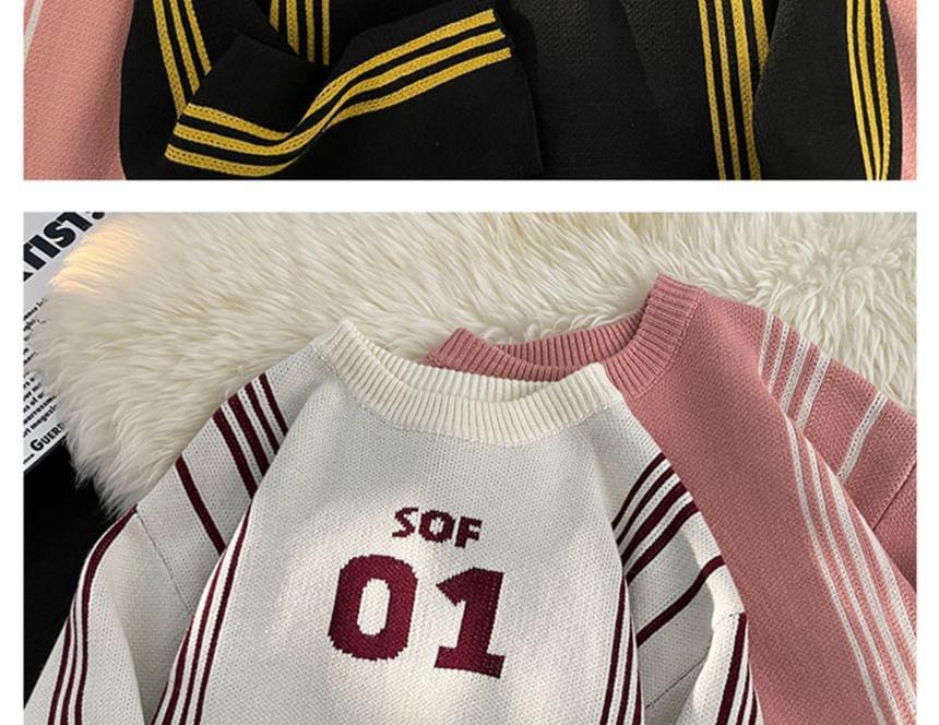 Crew Neck Striped Lettering Sweater Product Image