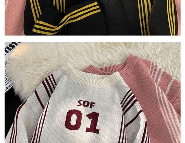 Crew Neck Striped Lettering Sweater Product Image