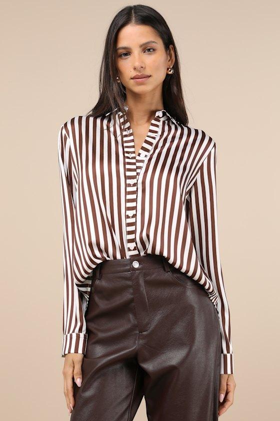 Playfully Composed Brown and White Striped Satin Button-Up Top Product Image