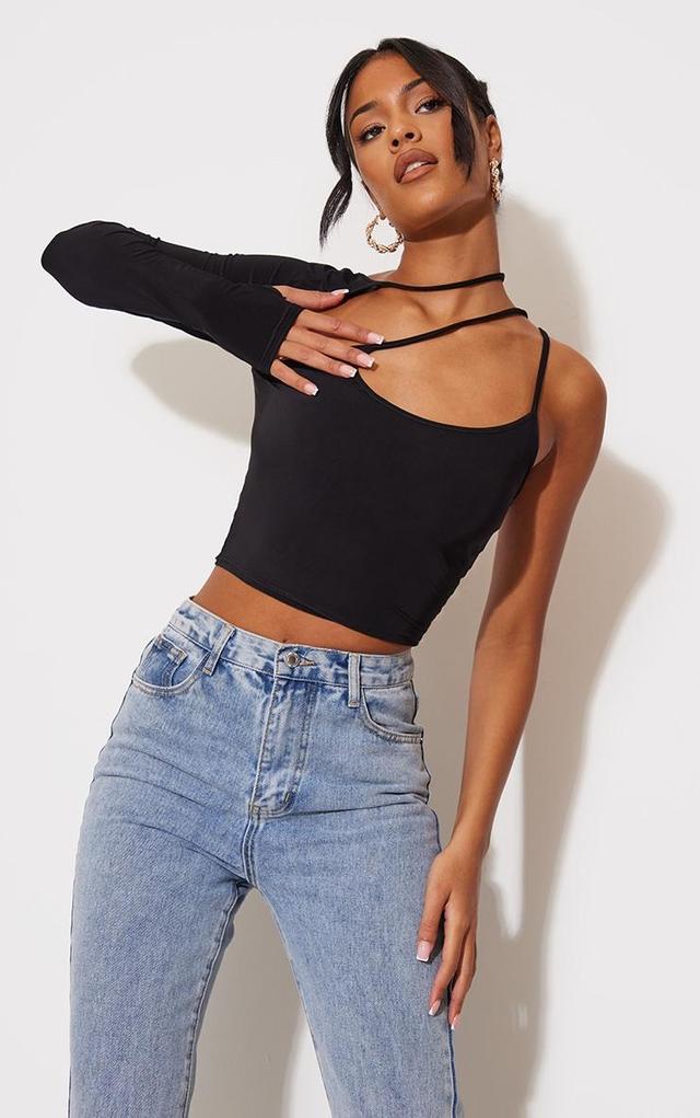 Tall Black Slinky Cut Out One Sleeve Crop Top Product Image