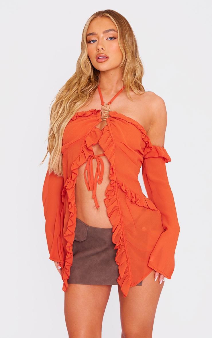 Rust Chiffon Frill Detail Hardware Detail Blouse Product Image