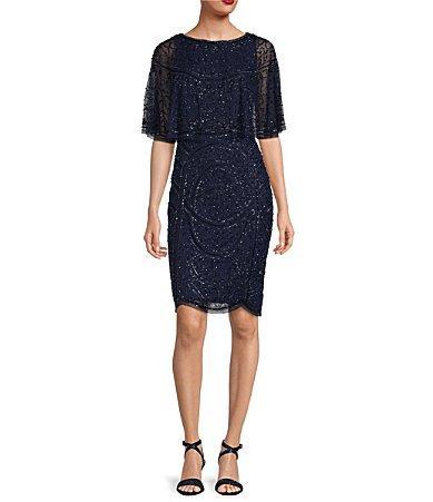 Adrianna Papell Beaded Mesh Capelet Overlay Short Sleeve Crew Neck Sheath Dress Product Image