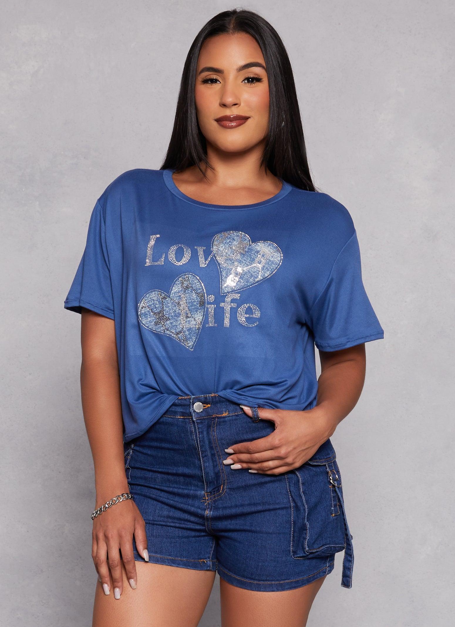 Womens Love Life Patch Rhinestone Graphic Tee Product Image