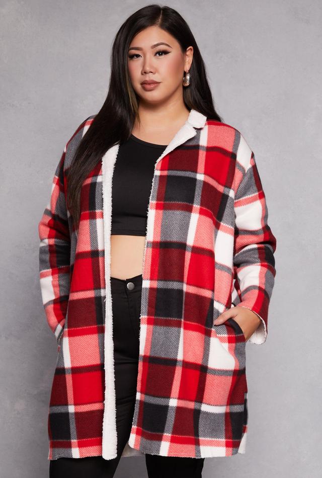 Womens Plus Size Plaid Sherpa Lined Open Front Long Shacket Product Image