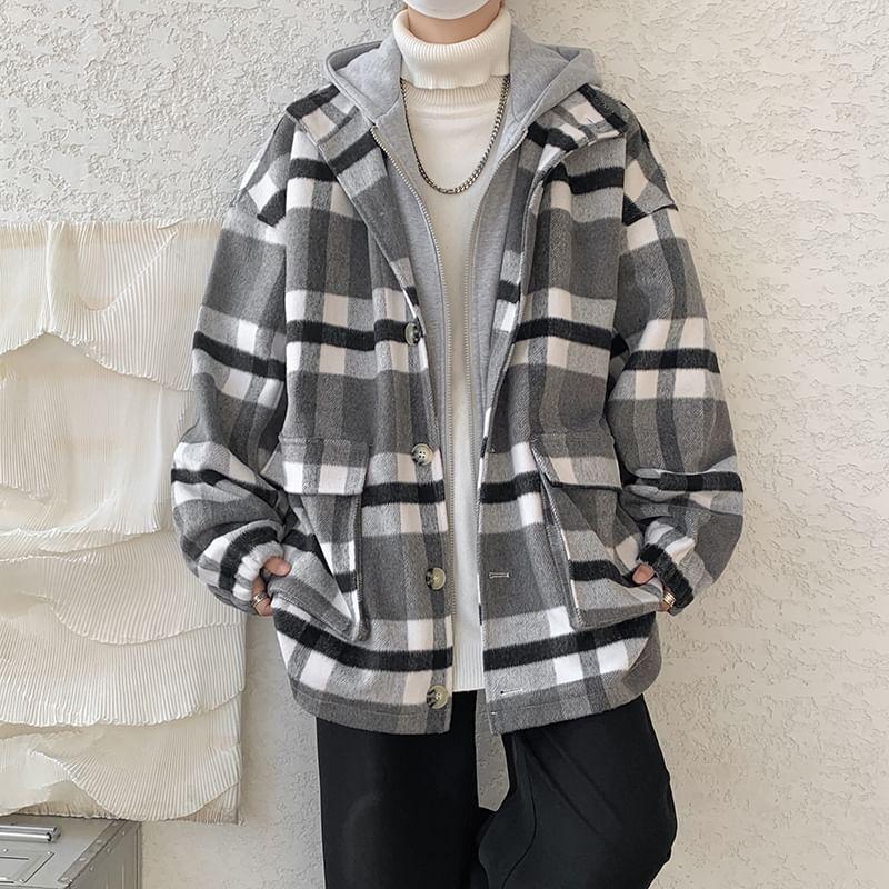 Plaid Hooded Mock Two-Piece Oversized Zip Jacket Product Image