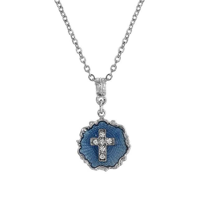 Symbols of Faith Silver-Tone Crystal Cross Pendant, Womens, Blue Product Image