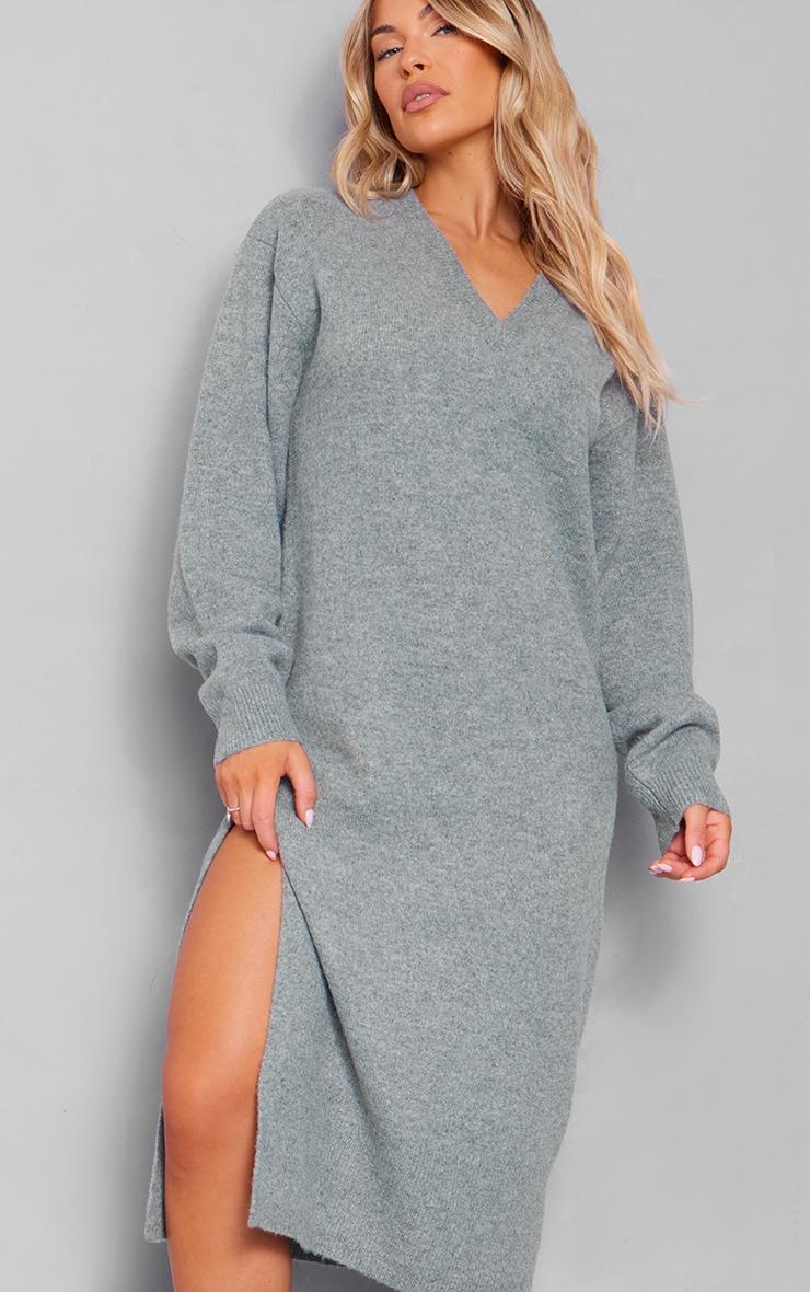 Charcoal Knit V Neck Oversized Slouchy Maxi Dress Product Image