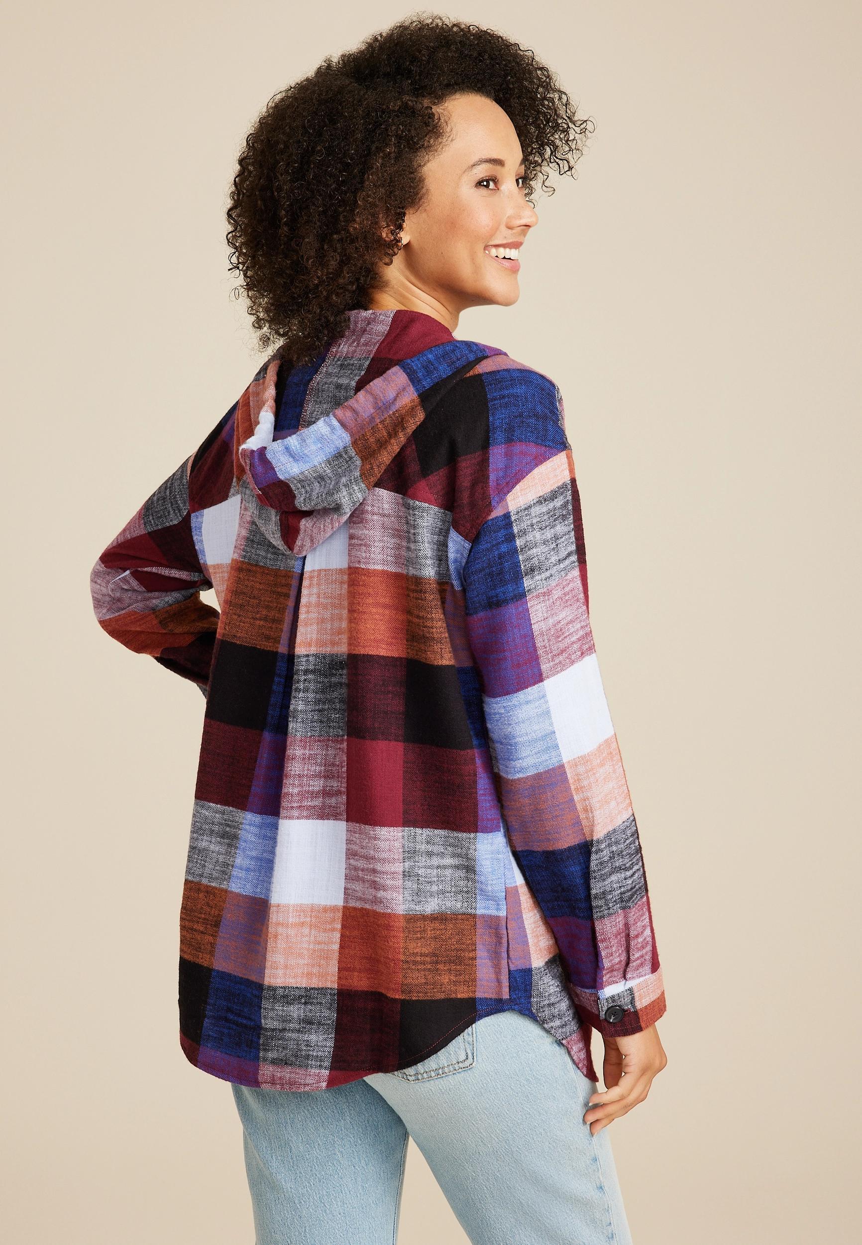 Cabin Plaid Boyfriend Hooded Button Down Shirt Product Image