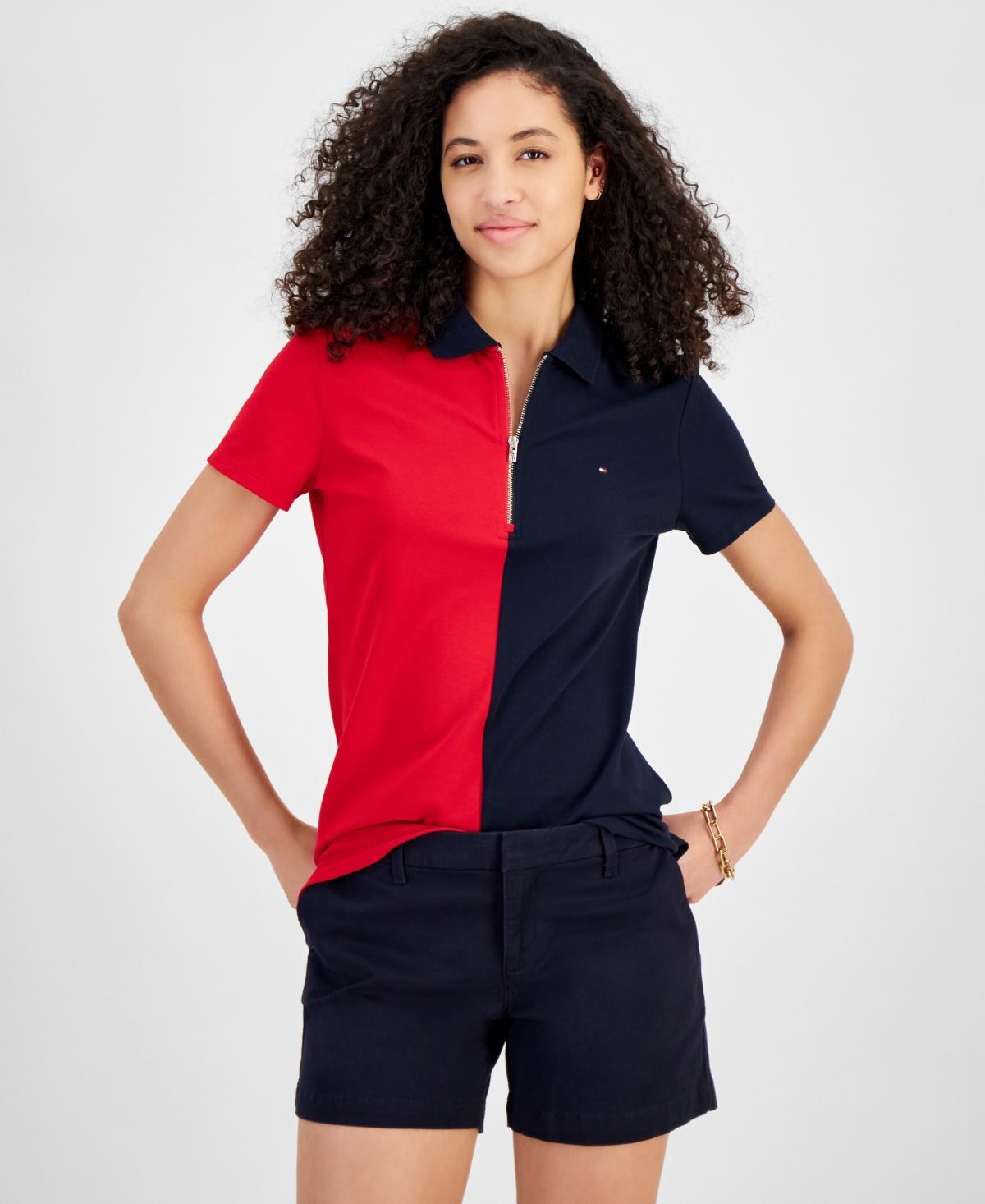 Tommy Hilfiger Womens Colorblock Zip-Front Polo Shirt - Sca Product Image