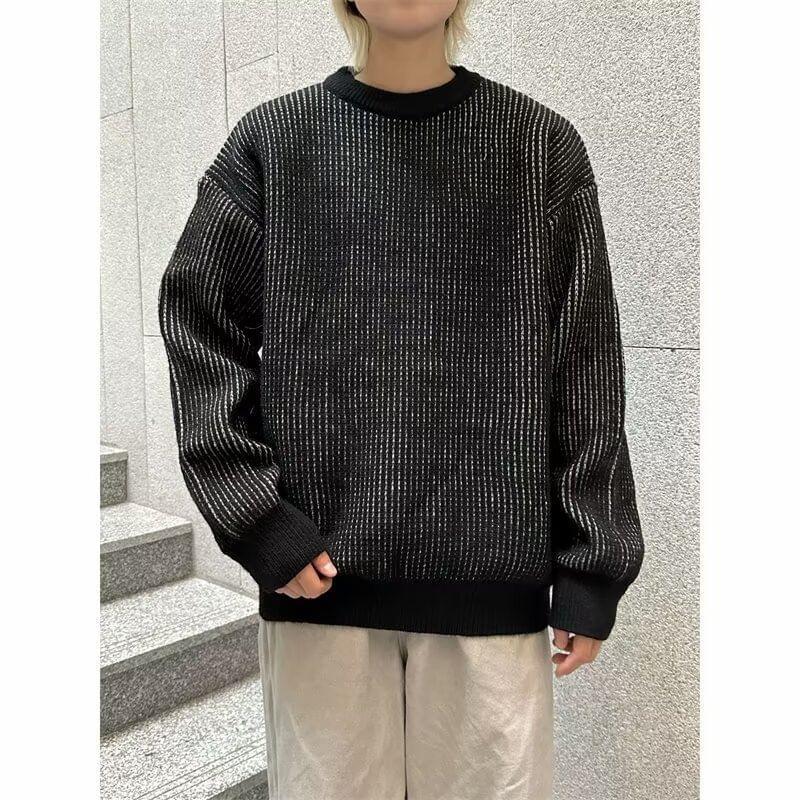 Crew Neck Drop Shoulder Striped Oversized Sweater Product Image