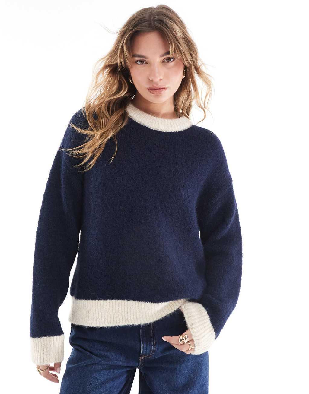 ASOS DESIGN wool blend fluffy knitted sweater in navy Product Image