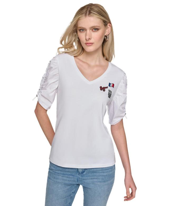 Karl Lagerfeld Paris Womens Ruched-Sleeve V-Neck Top Product Image