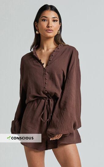 Laylani Playsuit - V Neck Puff Sleeve in Chocolate Product Image