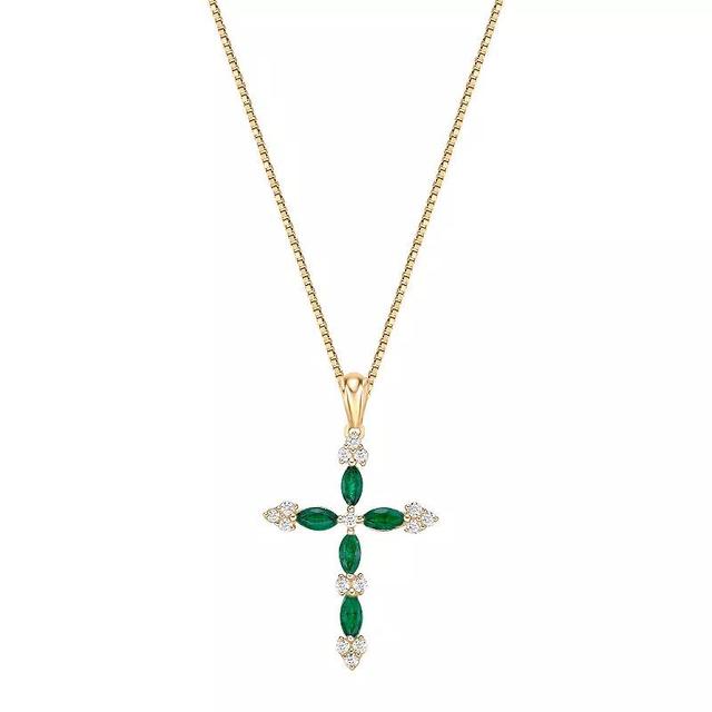 Gemminded 10k Gold Gemstone & 1/6 Carat T.W. Diamond Cross Pendant Necklace, Womens Green 10k Gold Product Image