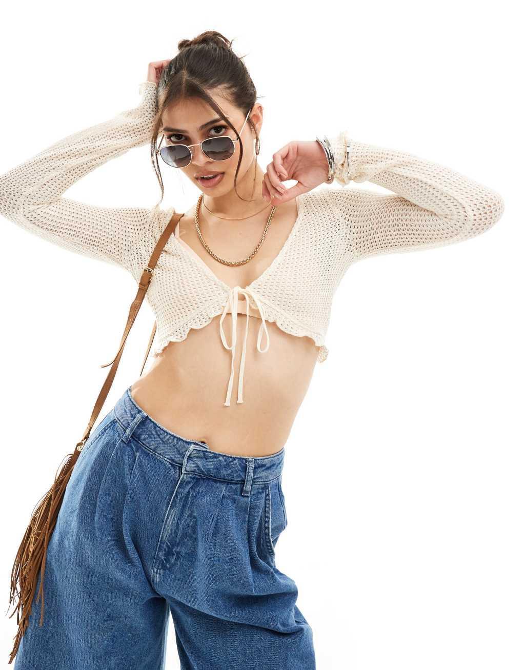 Bershka crochet tie front top in ecru product image