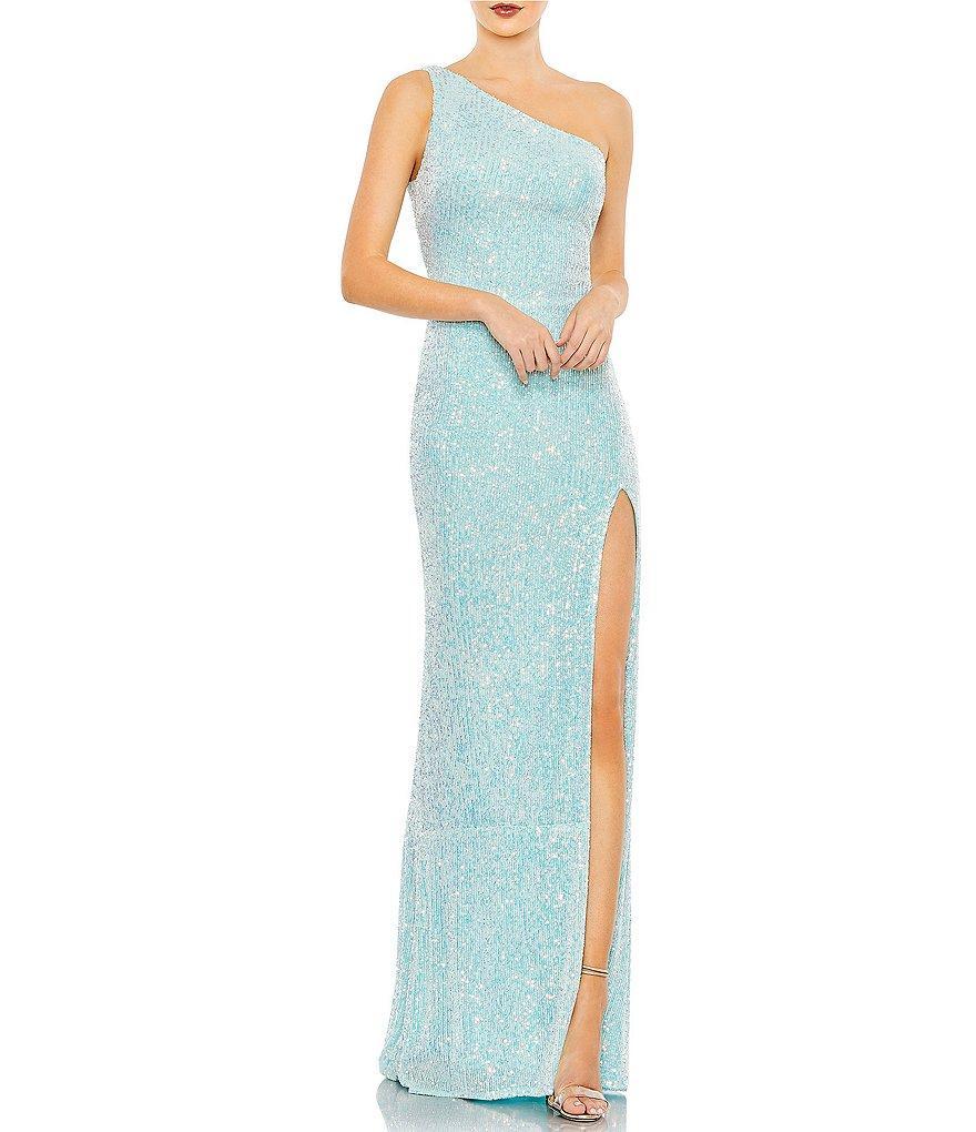 Mac Duggal Sequined Asymmetrical One Shoulder Sleeveless Strappy Open Back Detail Thigh High Slit Gown Product Image