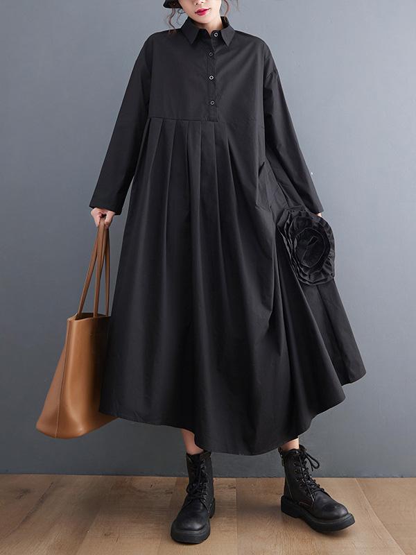 Urban Floral Applique Pleated Long Sleeves Shirt Dress Midi Dress Product Image