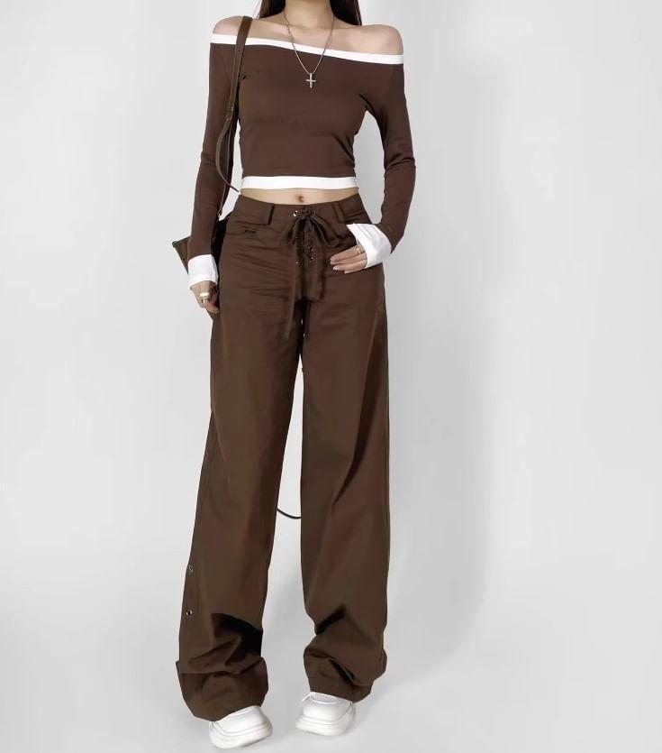 Mid Rise Plain Lace-Up Flared Pants Product Image