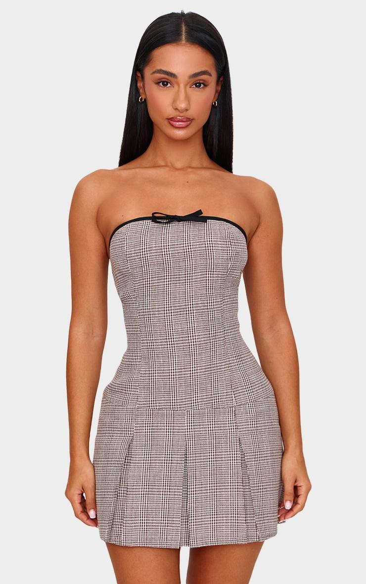 Petite Brown Check Pleated Bandeau Mini Dress product image