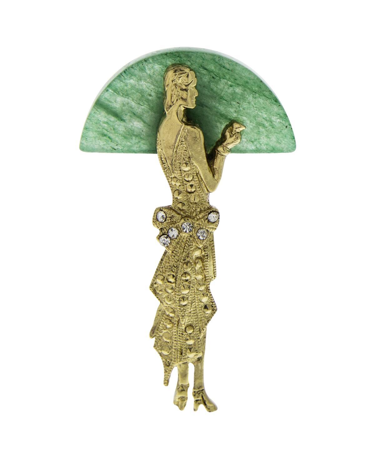 1928 Gold Tone Lady Half Moon Green Aventurine Pin, Womens Product Image