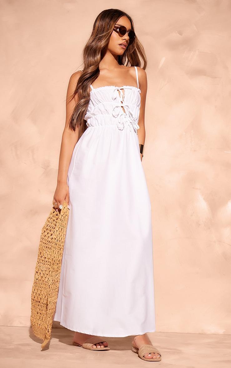 White Linen Look Elastic Gathered Maxi Dress Product Image