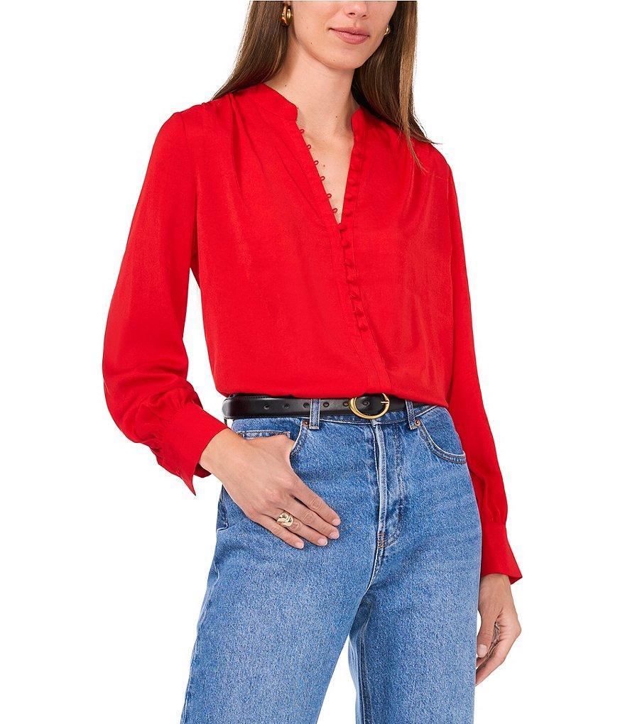 Vince Camuto Woven Split V-Neck Long Cuffed Sleeve Button-Front Shirttail Blouse Product Image